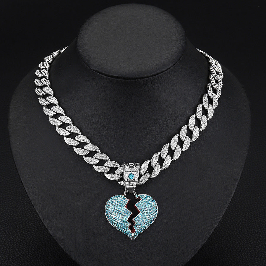 Wholesale Full Diamond Broken Heart Pendant Hip Hop Alloy Necklace